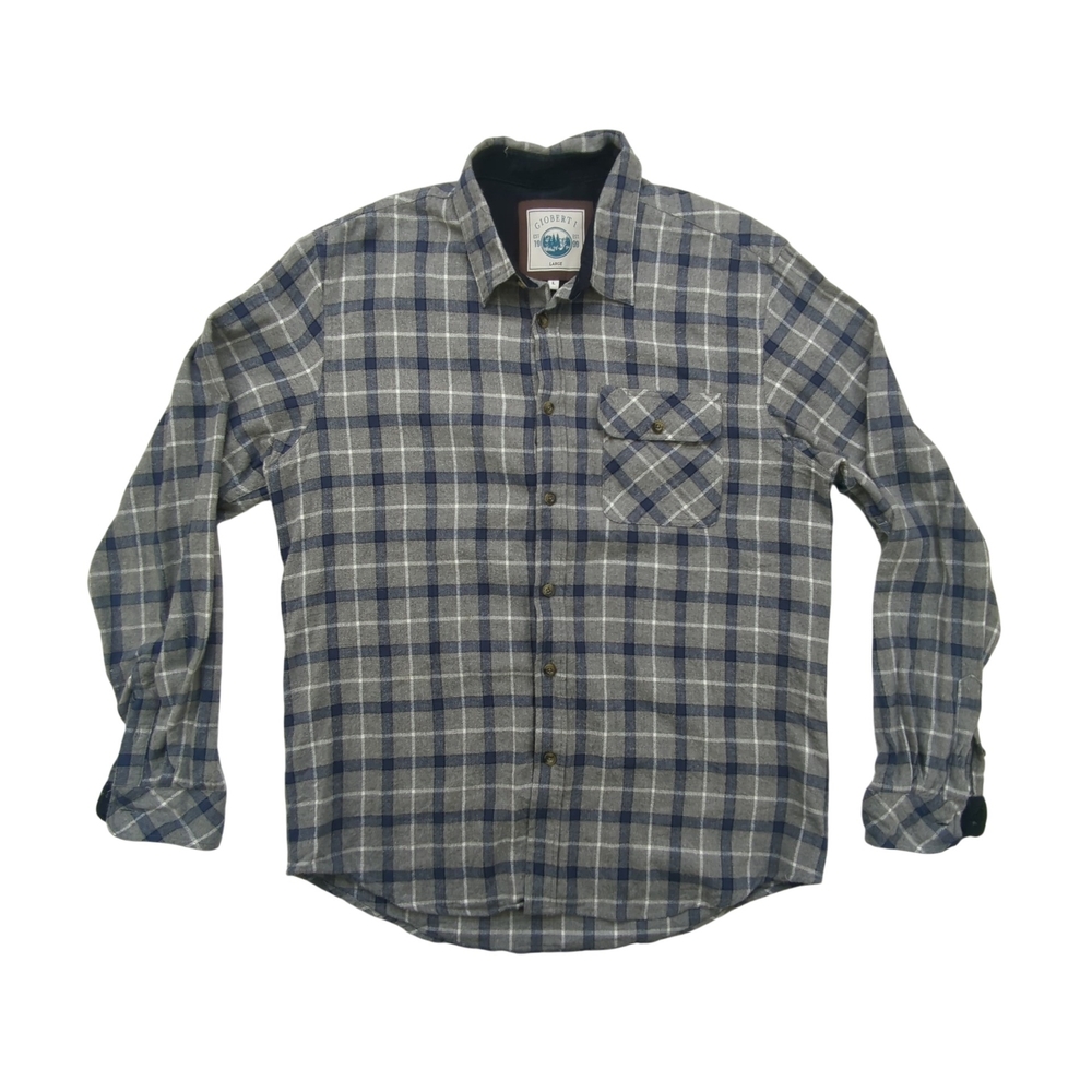 Gioberti Shirt Mens Large Plaid Gray Blue Flannel Button Up LS-94FC LS 94FC